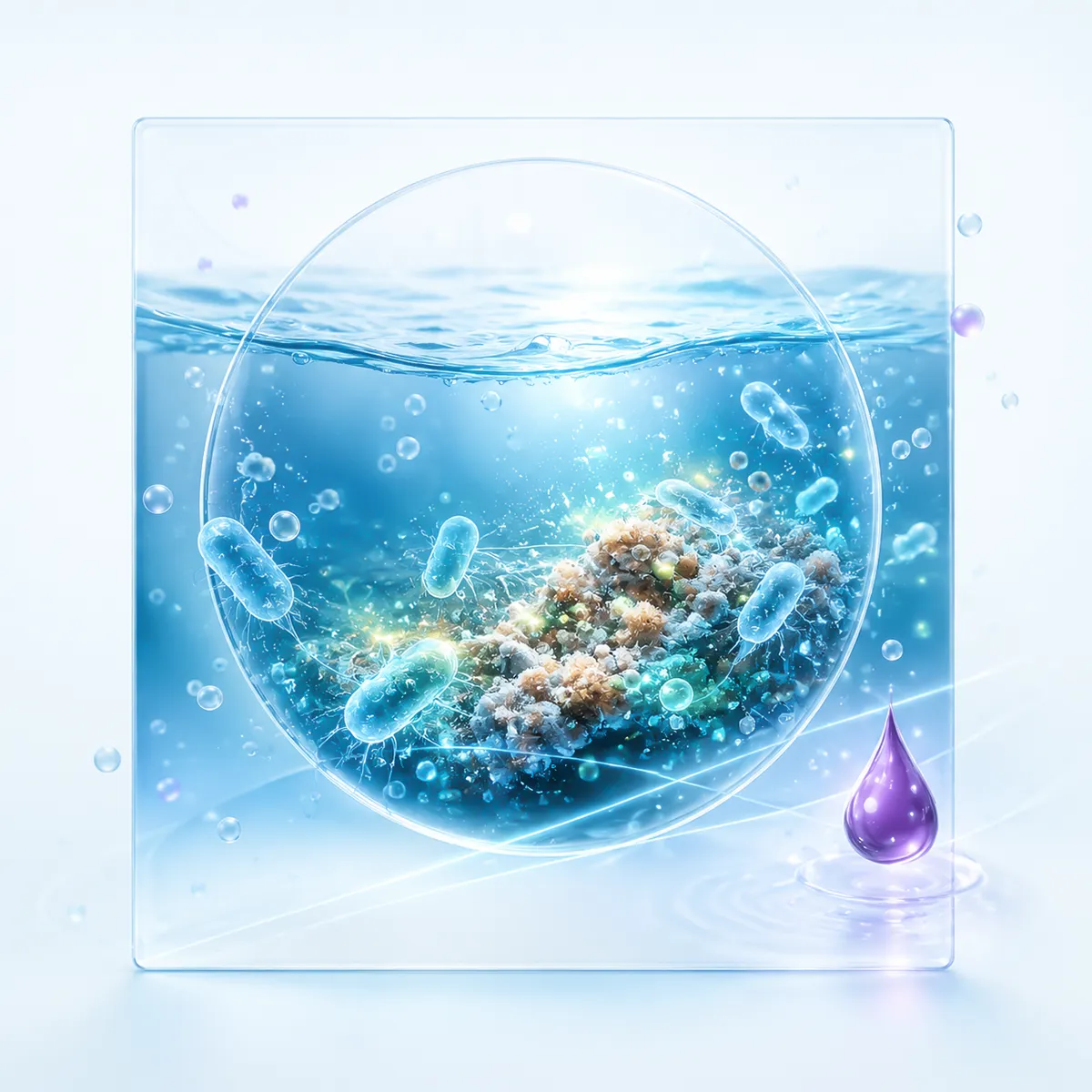 Visualización conceptual de metabolitos favoreciendo la actividad biológica en un sistema acuático